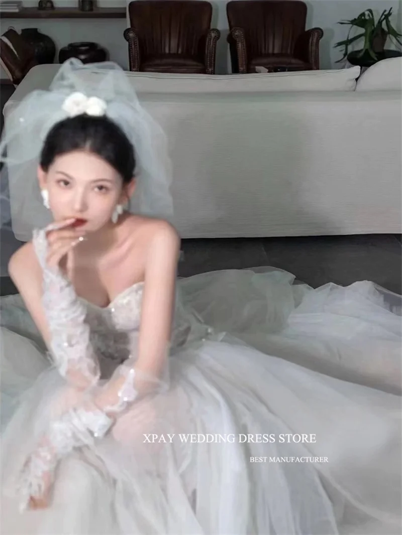 Xpay elegante Spitze Tüll Meerjungfrau Korea Brautkleider Fotoshooting Schatz Sweep Zug Brautkleider Robe de Mariage nach Maß