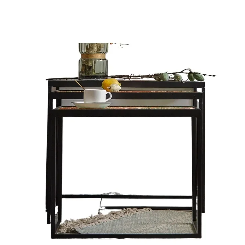 

American retro coffee table painted relief glass edge table