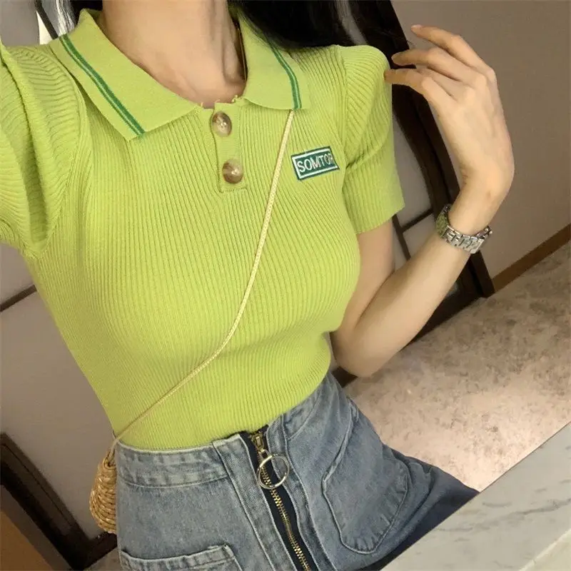 

Striped Polo Neck Letter Embroidered Short Sleeve Sexy Trend Casual Fashion Basic Korean Style Female Button Chic French Tops