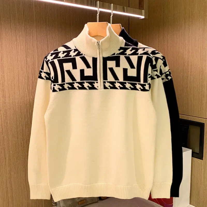 

Knit Sweater Male Zipper Graphic Men's Clothing Pullovers Coat Jacket Collared Zip-up Korean Autumn Clothes Tops Overfit Fun A X