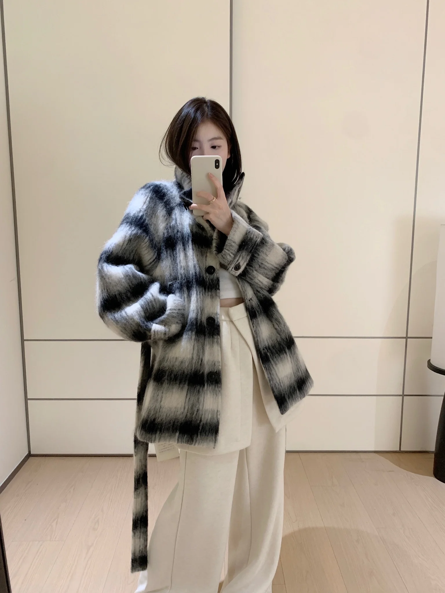 

Двустороннее шерстяное пальто в клетку с цветовым блокированием, осенне-зимнее, женское, в корейском стиле, прямого кроя, для повседневной носки, удлиненное