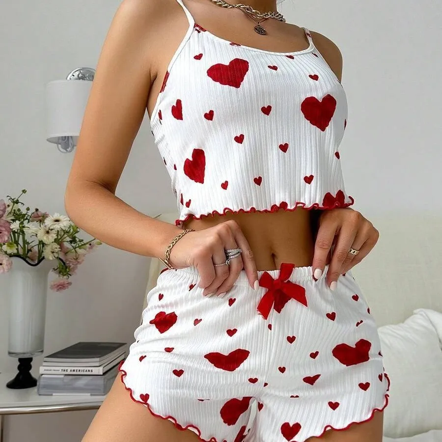 

sexy Women’s 2PCS Heart Print Pajama Set, Sleeveless Crop Top and Shorts, Soft Comfy Sleepwear Loungewear for Summer Nightwear