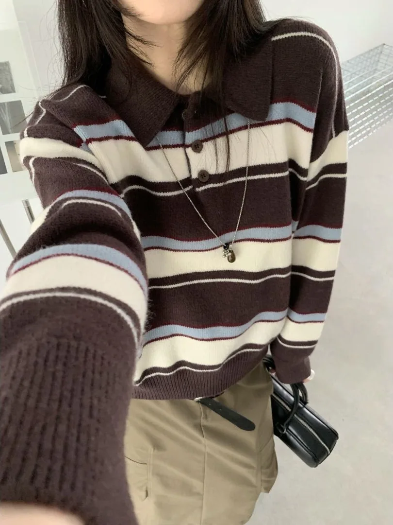 Casual Striped Knit Sweater Women's Fashion Loose Fit Long Sleeve  Neck Pullover Autumn New Style Color Block Stripe Knit...