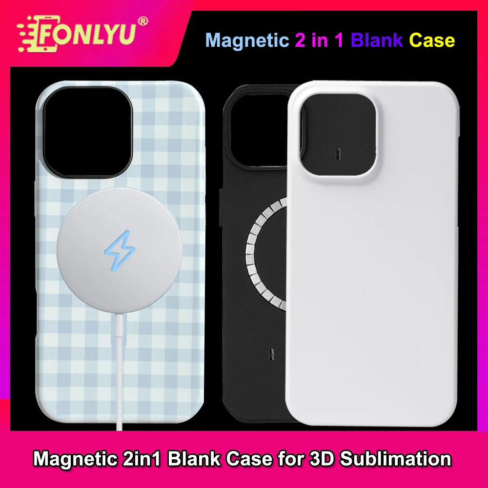 

FONLYU 10pc Magnetic 2 in 1 3D Sublimation Case for iPhone 17 16 15 14 13Pro Max Thermal Transfer Printing Magnet Back Cover