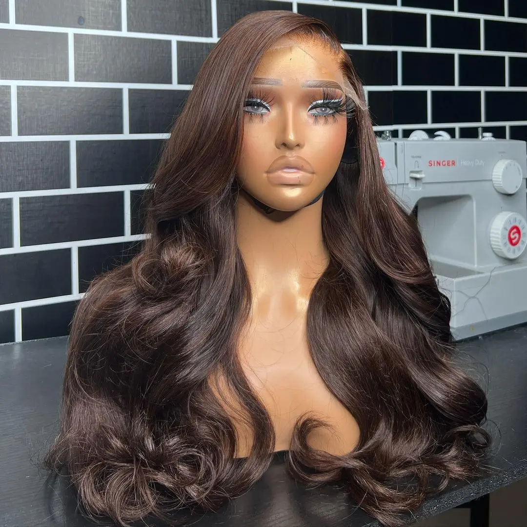 

Chocolate Brown Long Water Wavy 26Inches Transparent Lace Front Wigs for Black Women Glueless 180Density Cosplay Lolita Wigs