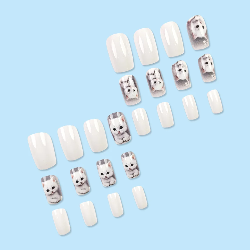 24개입 프레스온 네일 귀여운 고양이 만화 애완동물 디자인 고양이 인조 손톱 세트 카와이 동물 네일 아트 장식 DIY 매니큐어