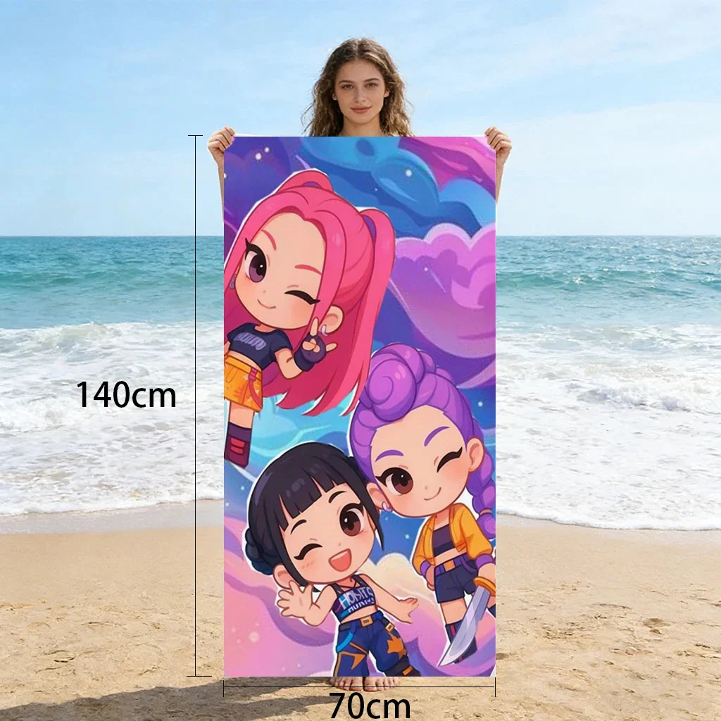1 pièce Serviette de plage et de bain en microfibre à séchage rapide, motif Chibi Girls mignonnes, rose et violet, style dessin animé, unisexe, pour la natation, le surf, le camping et les vacances