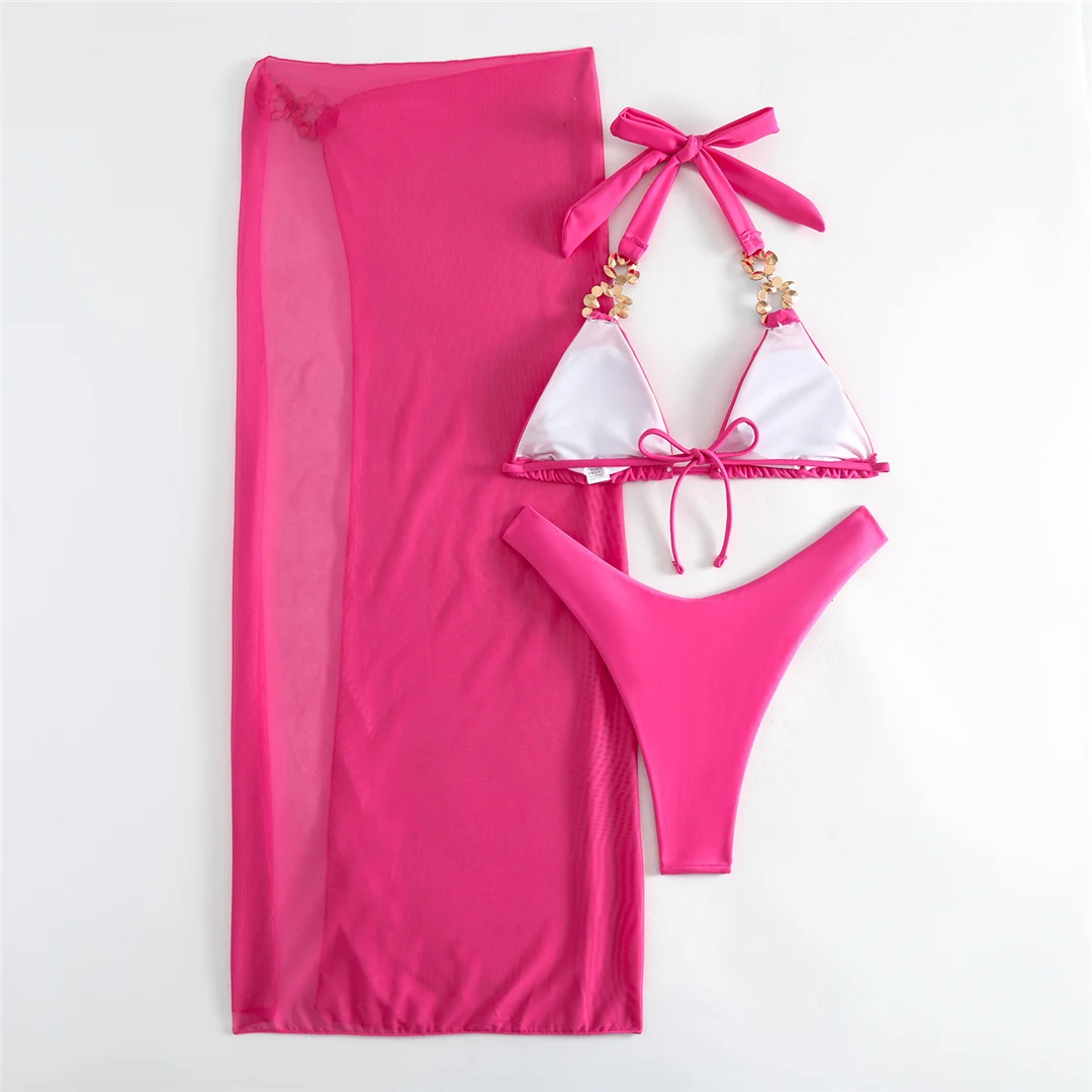 Diamantbesetzter Bikini mit Rock und Neckholder, dreiteiliger Badeanzug für Damen, Badebekleidung, Badeanzug, Schwimmanzug V4849 – Detail 29