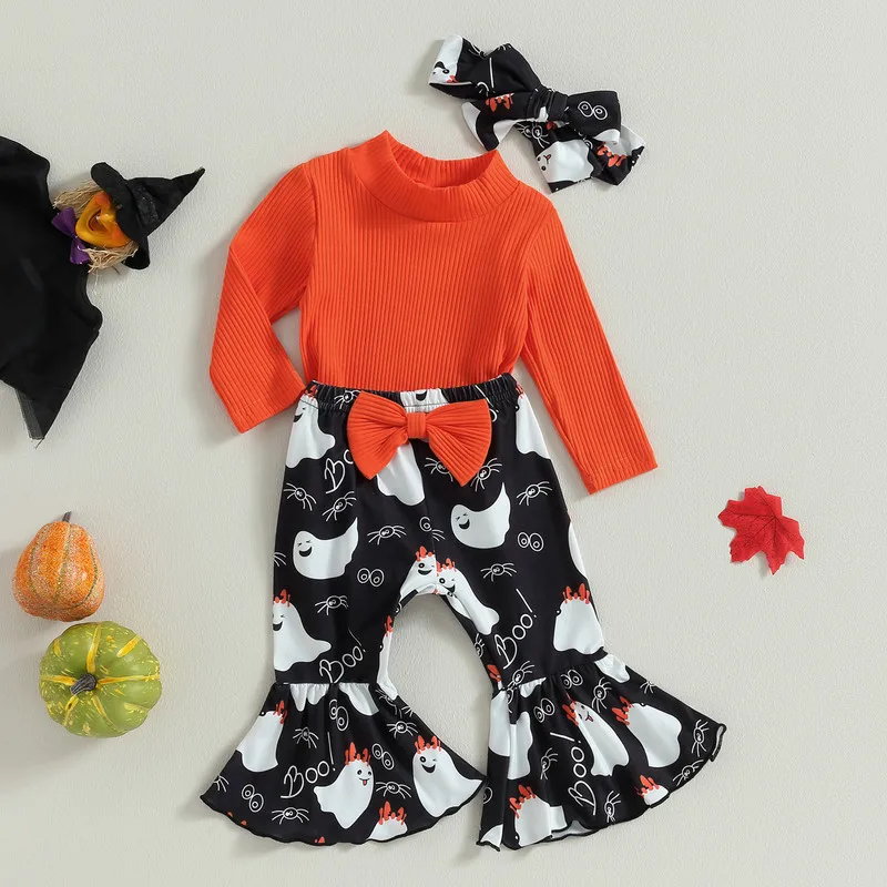 Halloween Newborn Baby Girl 3PCS Pant Sets Autumn Clothes Long Sleeve Ribbed Bodysuit and Ghost Print Flared Pants Headband Sets