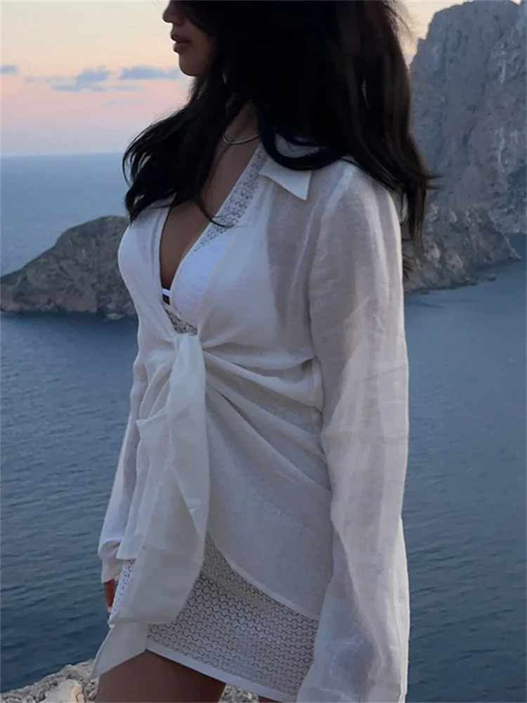 Tossy Casual White Outwear Top Cover up For Women Bandage Long Sleeve Slim Lapel See-Through Holiday Beach Female Coat Clothes