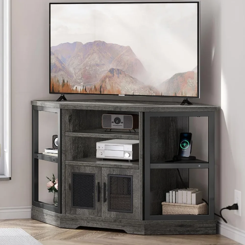 Corner TV Stand for TVs up to 55 Inch with Power Outlet,Wood TV Media Console with Storage Cabinets Shelves