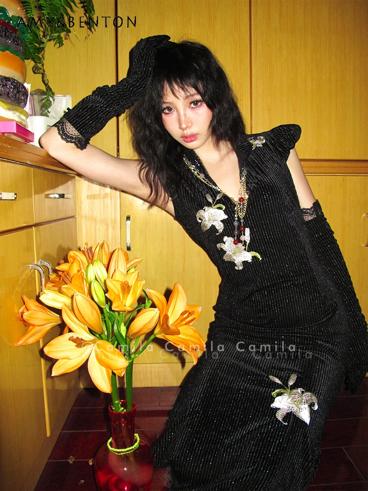 

Spring and Autumn New Style Velvet Vertical Striped Long Stand Collar Slim High Waist Long Split Cheongsam and Sleeves