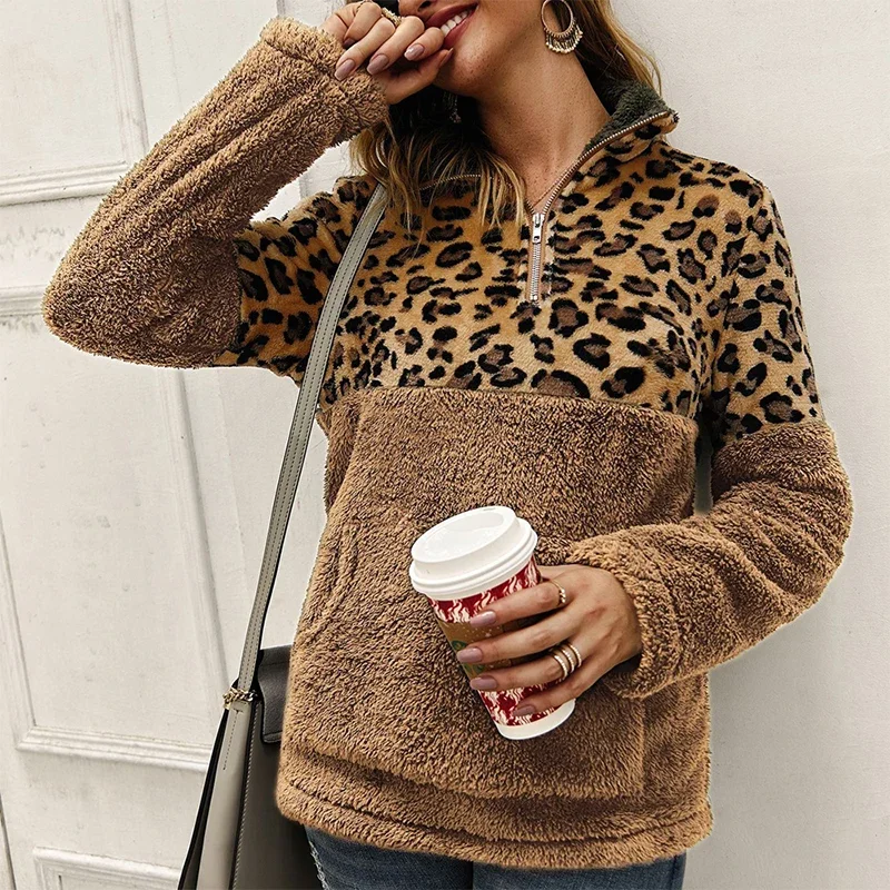 Women Autumn Winter Tops Lady Warm Sweater 2021 Wool Pullovers Sweatshirt Leopard Stitching Sweatshirts Stylish Pullover Female