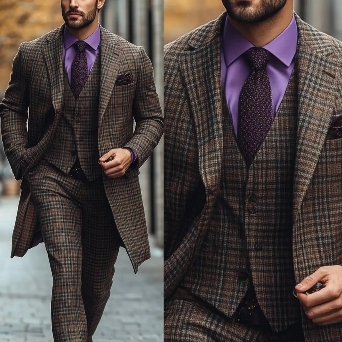 Vintage Men's 3 Piece Suit Plaid Winter Woolen Long Tweed Blazer Overcoat Vest And Pants Customized Business Meeting Formal Prom