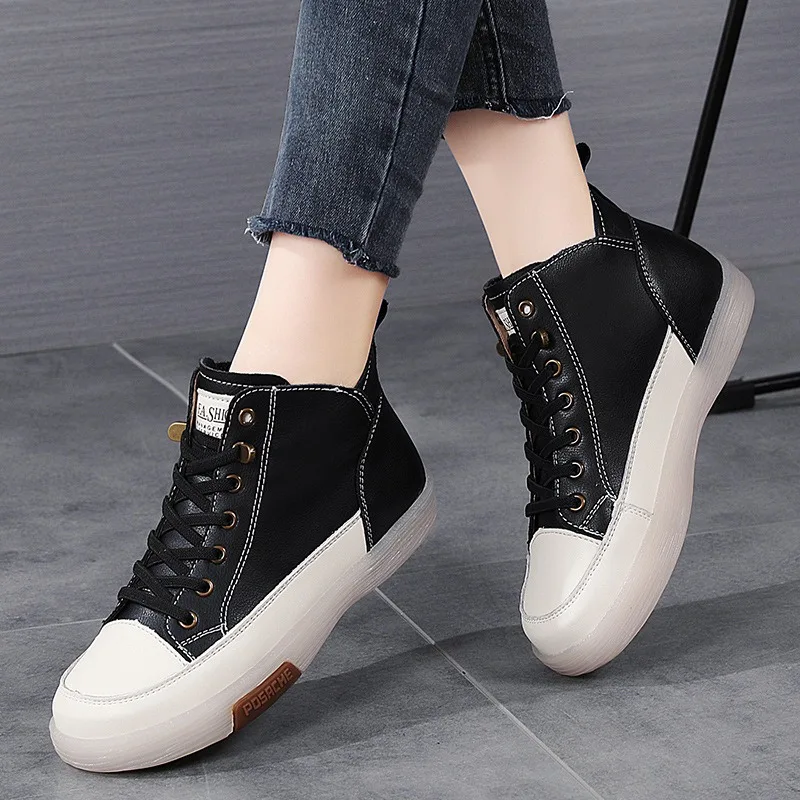 Women Casual Genuine Leather Soft Sole Higth Top Walking Sneaker Girl Student Sport Jogging Shoes Flats Trendy Marton Ankle Boot