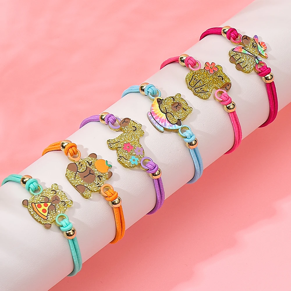 6Pcs/set Girls Cartoon Cute Acrylic Capybara Charm Elastic Rope Bracelet