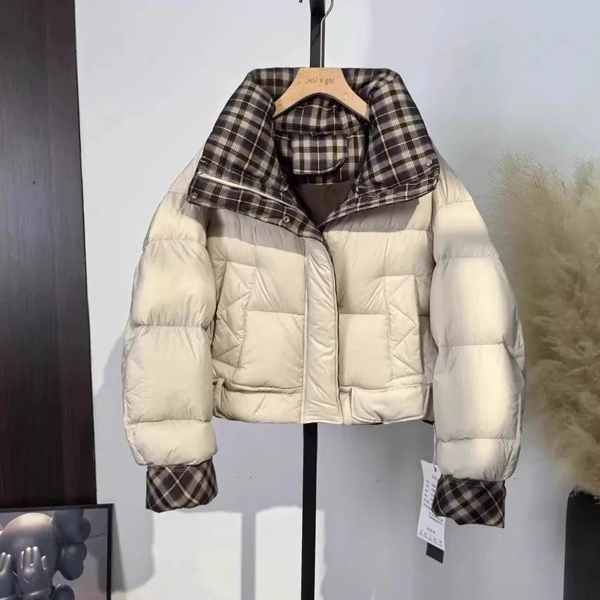 

2025 Fashion Contrast Thick Warm Cotton-padded Jacket Women Parkas Short Loose Long Sleeve Waterproof Overcoat Lady Outerwear