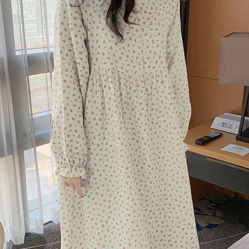 Muslin 100%Cotton Gauze Fashion Print Women Dress Casual Chic Long Sleeve Button Up Oversized Long Dresses Comfortable Homewear