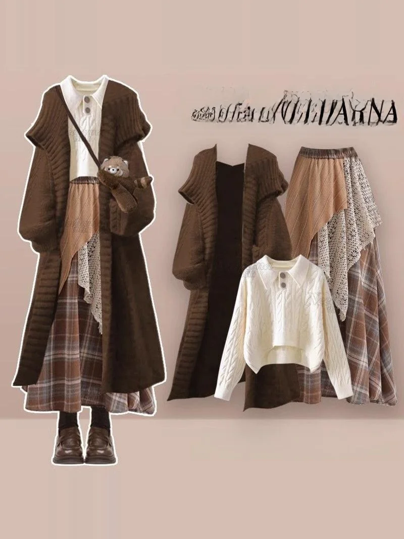 

Осенне-зимний женский винтажный комплект из футболки в стиле преппи с вязаным свитером, клетчатой юбкой и открытым кардиганом, длинный хлопок свека