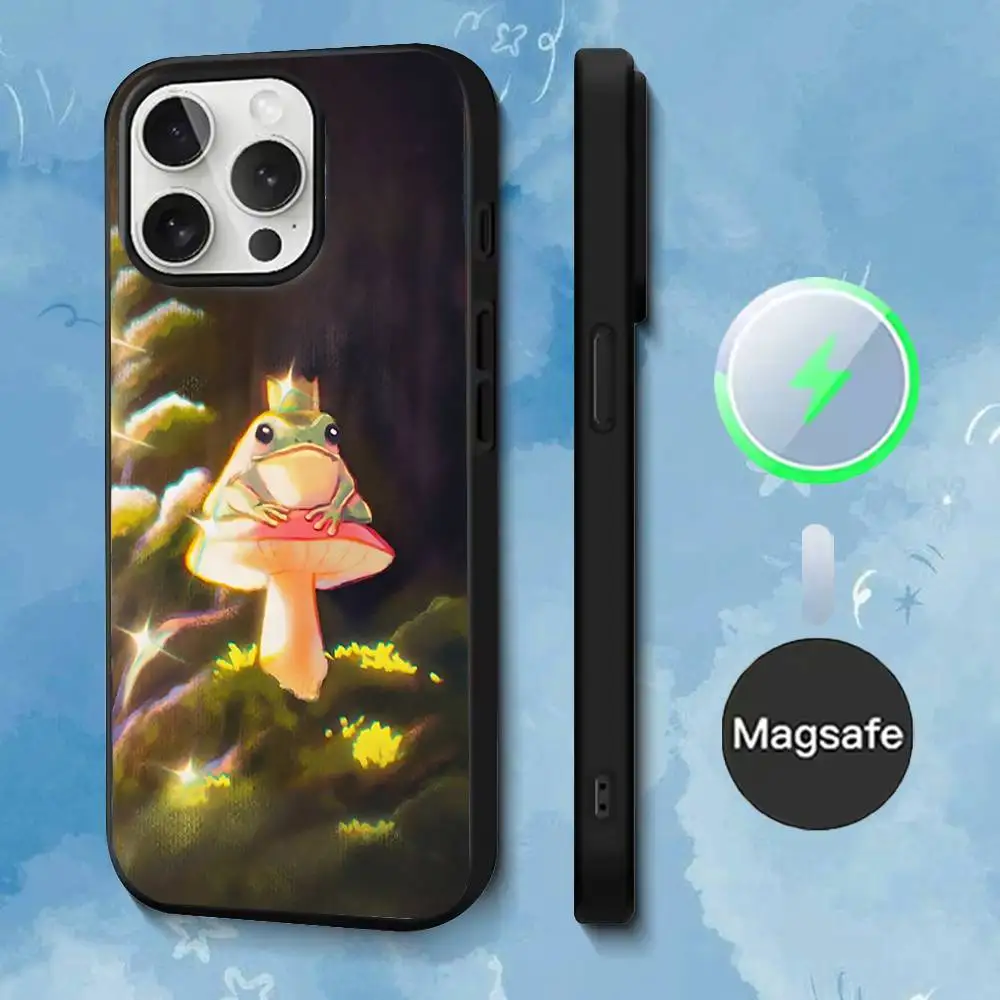 حافظة هاتف Green The Frog Mushroom لهاتف iPhone 17,16,15,14,13,12,11,Pro,Max,Plus,Mini,SE4,E شحن لاسلكي مغناطيسي Magsafe