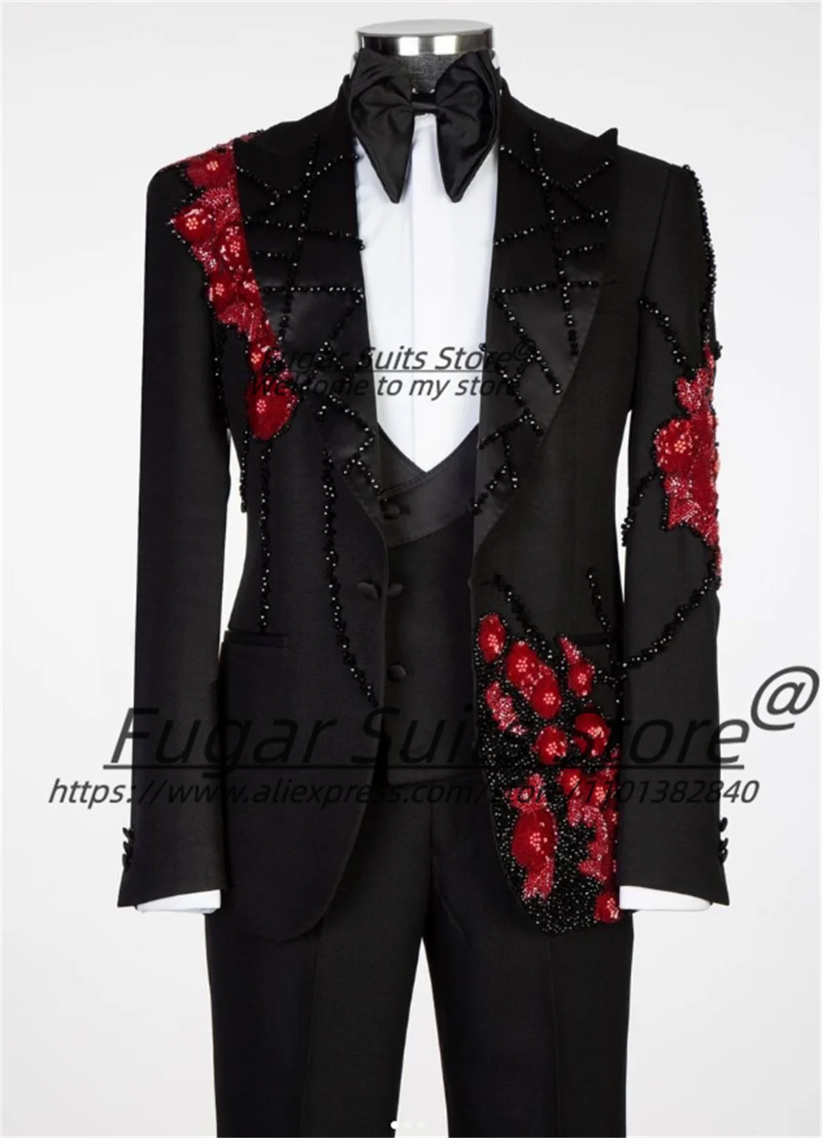 

Luxurious High-end Groom Wedding Tuxedos Customized Slim Fit Peak Lapel Men Suits Shiny Beadwork 3 Pieces Sets Costume Homme