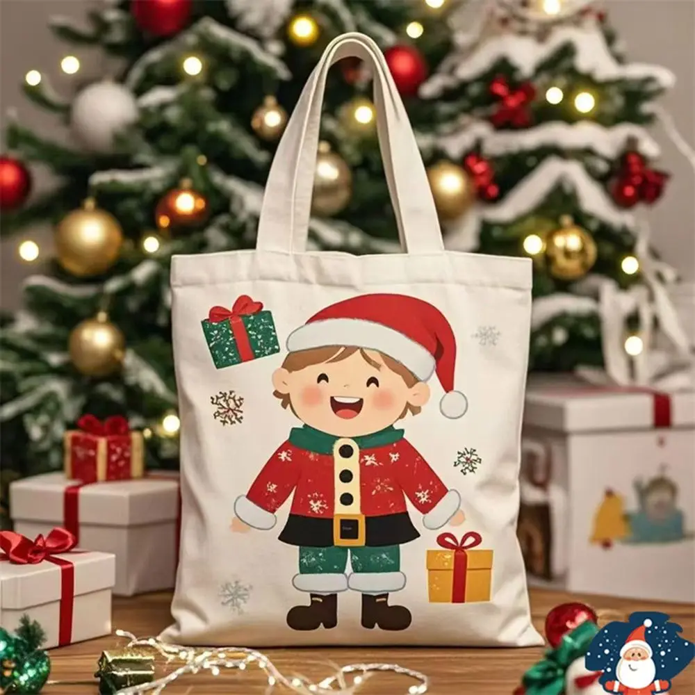 New Christmas Canvas Bag Large Capacity Cartoon Pattern Shoulder Bag Casual Handbag image 4