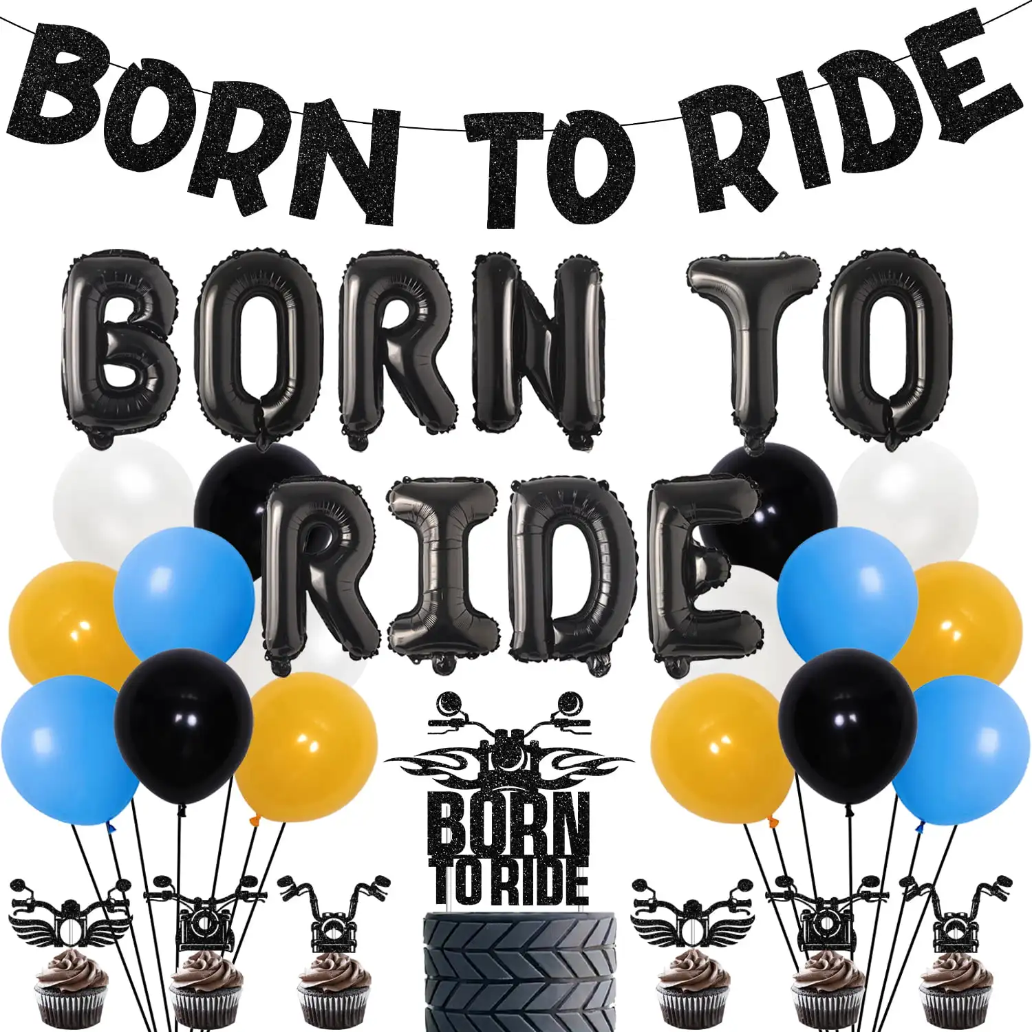 Born To Ride Motorcycle Birthday Party Decoration Born To Ride Balloons Motorcycle Cake Topper for Boys Dirt Bike Theme Party