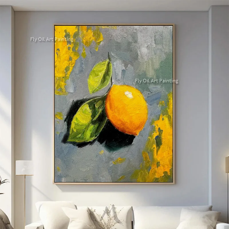 Orange And Green Lemon Canvas Oil Painting Handmade Original Blue Green Lutos Flowers Wall Art Decor New Artwork For Home