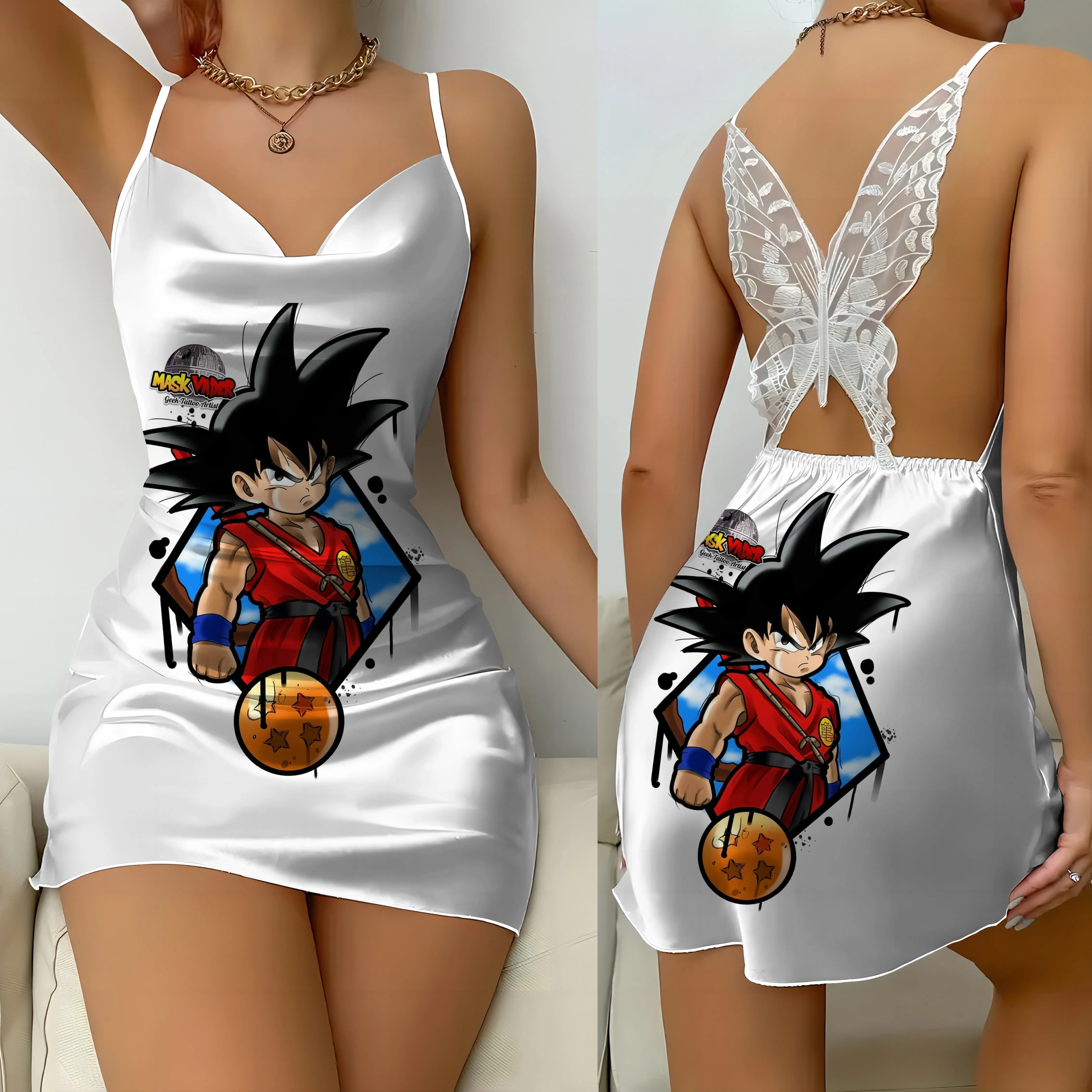 

Lace Dress Dragon Ball Womens Dresses Son Goku Satin Surface Pajama Skirt Bow Knot Fashion Summer 2024 Party Mini Sexy Backless