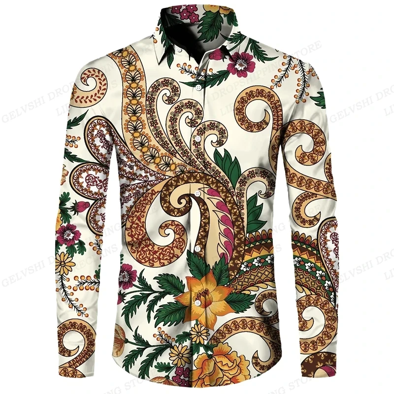 Men Fashion Designer Casual Long Sleeve Shirts Full Print Paisley Floral Hawaiian Shirts Plus Size Button Up Vintage Shirt Tops