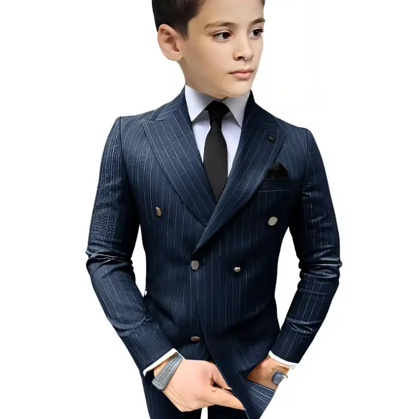 بدلة للأولاد مخططة مكونة من قطعتين سترة وسراويل مخصصة مزدوجة الصدر بدلة رسمية لحفلات الزفاف للأطفال