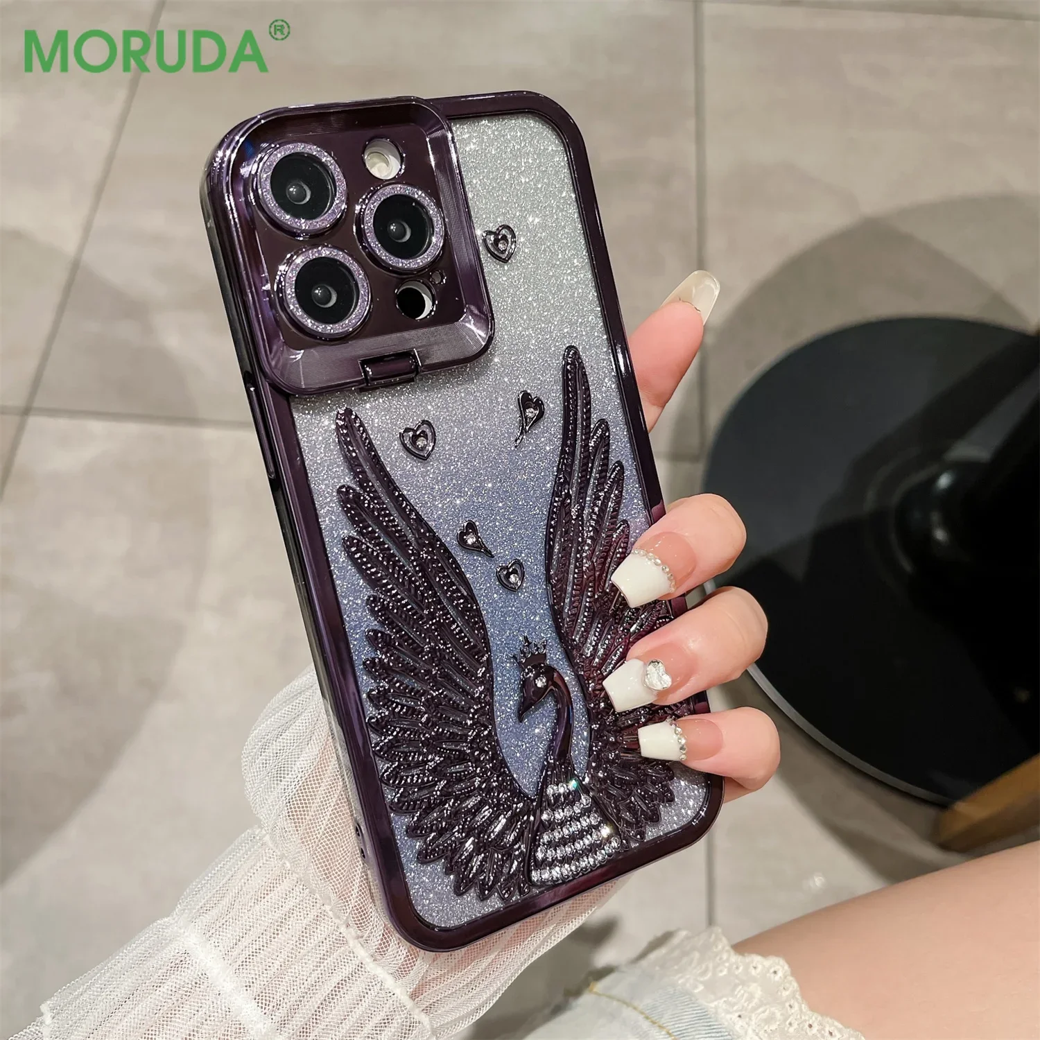 Angel Wings Gradient Glitter Phone Case for iPhone 15 14 ProMax 13 12 Pro Max 11 15 Flip Lens Protection Invisible Bracket Cover