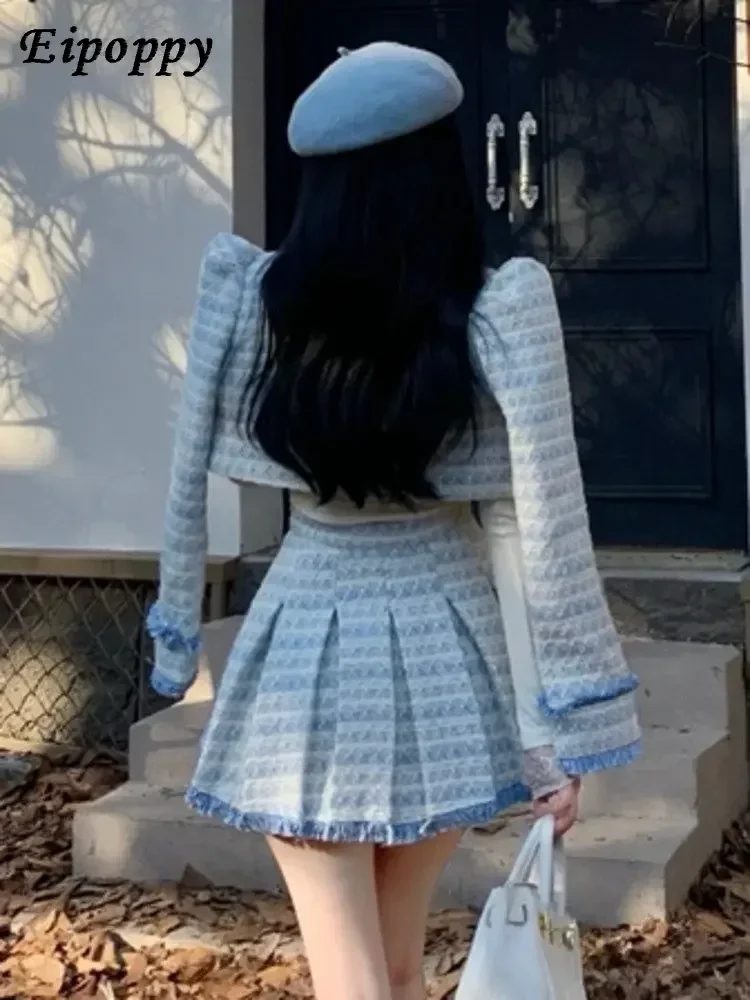 سترة قصيرة تويد معطف وتنورة للنساء ، عطر صغير ، شرابة ، موضة كورية ، حلوة ، بذلات من قطعتين ، جودة عالية