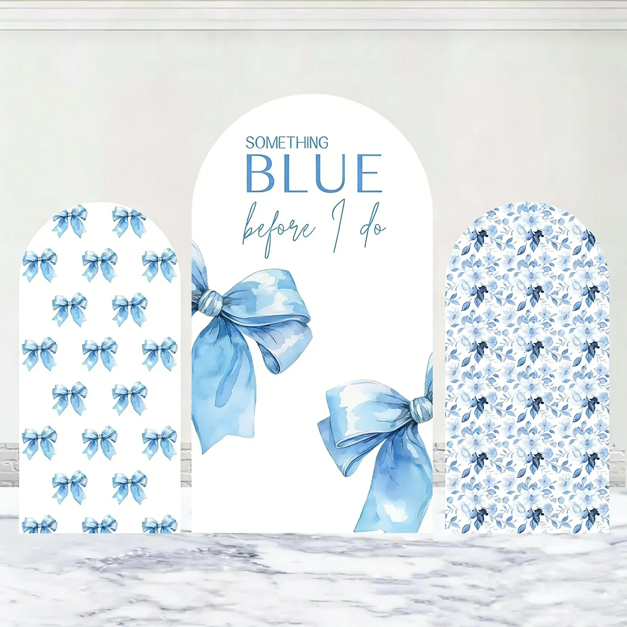 LS Custom 2-Sided Blue Floral Bow Pattern Kids Birthday Party Baby Shower Covers Chiara Arch Wall Background Decor Backdro