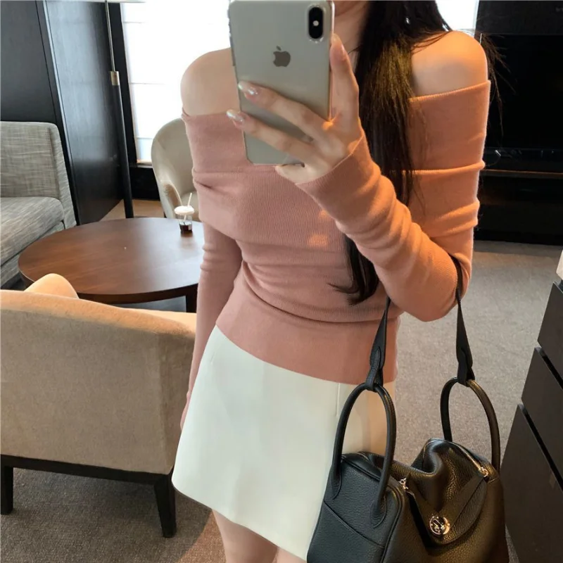 Solid Sexy Off Shoulder T-shirt Elegant Long Sleeve Tops Black Fashion Slim T Shirt Women Autumn Y2k Clothing Elastic Skinny Top