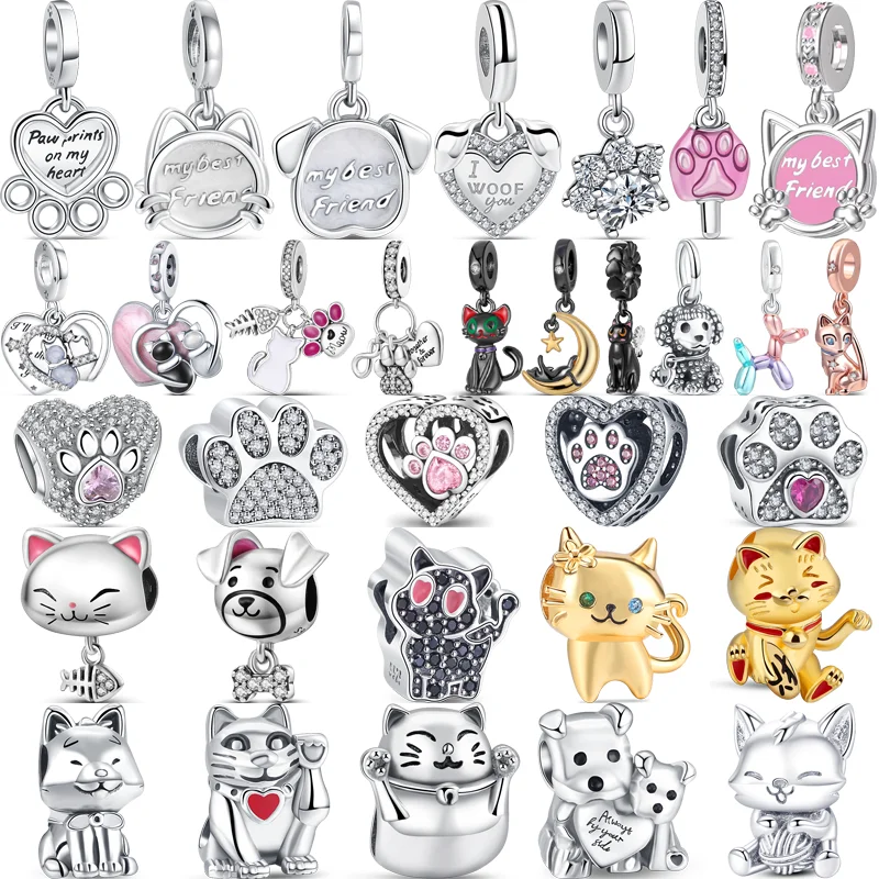 

925 Sterling Silver Best Friend Lucky Cat Dog Paw Print Sparkling Heart Beads Fit Original Pandora Charms Bracelet Women Jewelry