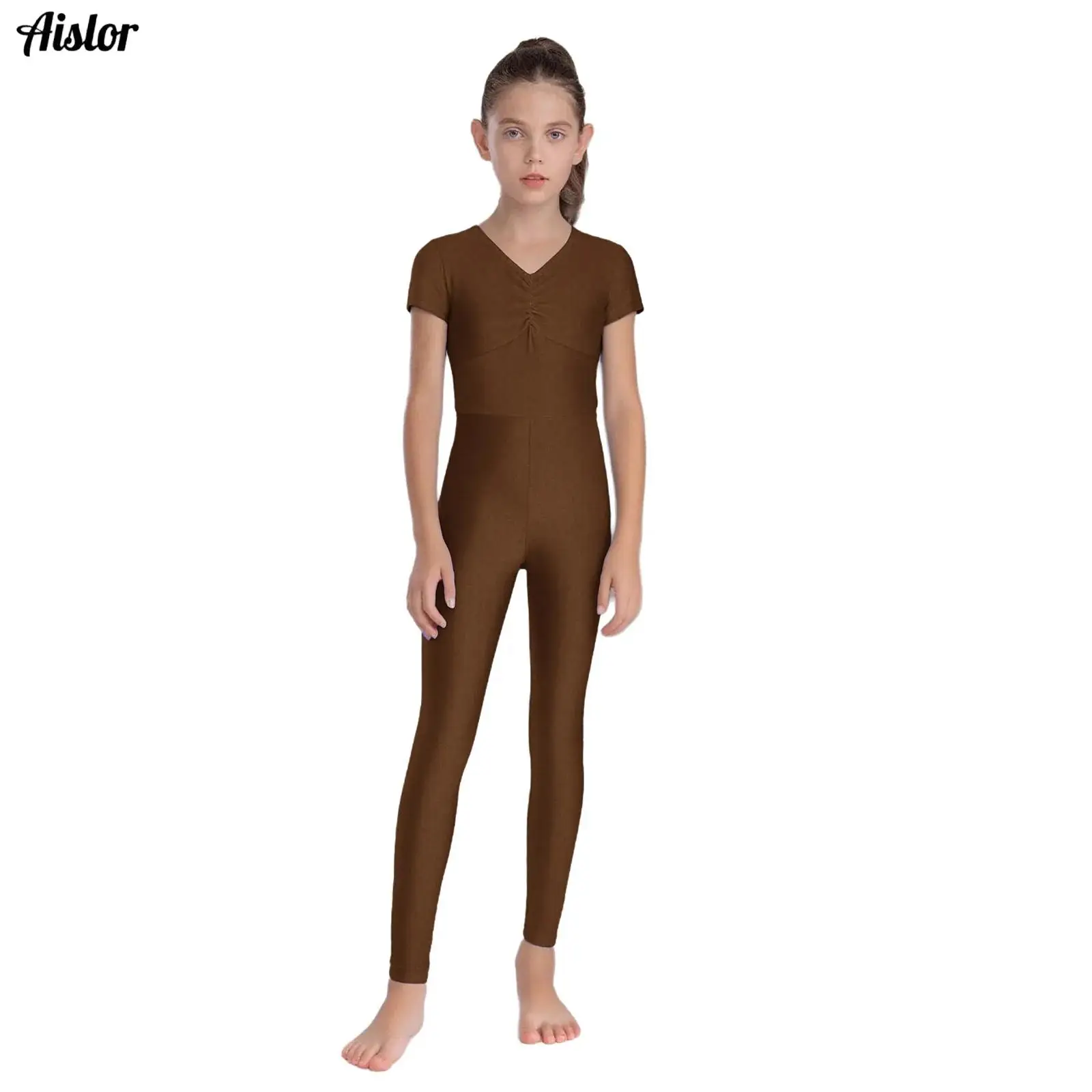 

Kids Girls Ruched Front V-Neck Rhythmic Gymnastics Ballet Jersey Figure Skating Dance Leotard Costume Full Body Suit Bodysuit