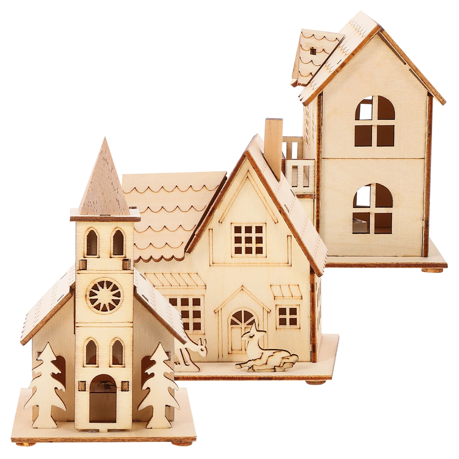 3 Pcs Cabin Fairy House Mini nament LED Festival Scene Adornment Wood Decor Perfect for Home Bar Restaurant Shop