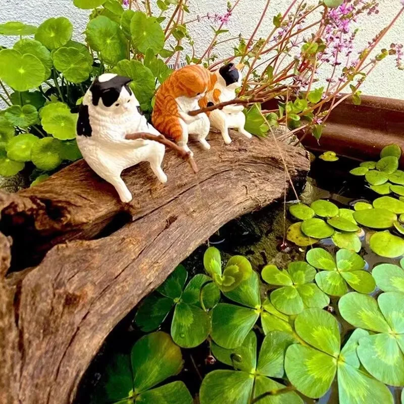 Cute Fishing Cat Fishbowl Fishing Figure Fisherman Figurine Cat Fishing Rod Seals Figures Cat Decoration Interior Accessories