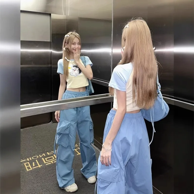 Retro vintage high street calças largas moda feminina oversized cordão bolso nova calça casual streetwear solto jogger calças