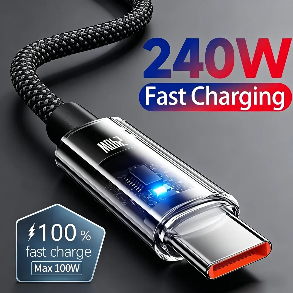 240W Fast Charge USB Type C Data Cables High-speed Data Transfer Wire Digital Display Nylon Type C To C Cord for IPhone Samsung