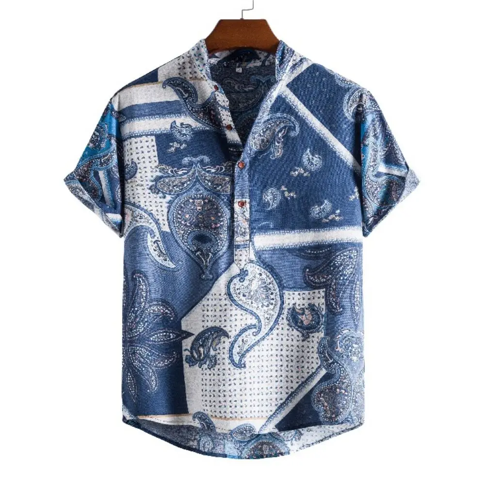 Vintage Men\'s Shirts Ethnic Style Printing Lattice Casual Streetwear Stand Collar Short Sleeve Loose Hawaiian Shirt Mens Summer