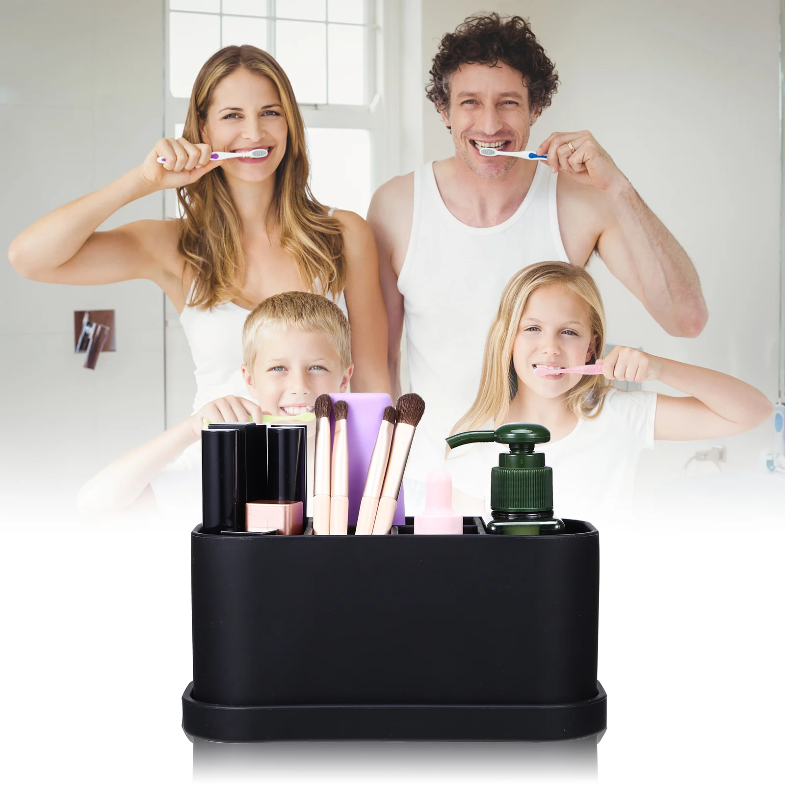 

Silicone Toothbrush Holder Black Storage Box Vanity Tray Drainage Holes Bathroom Organizer Suction Cups Travel Case Toothpaste