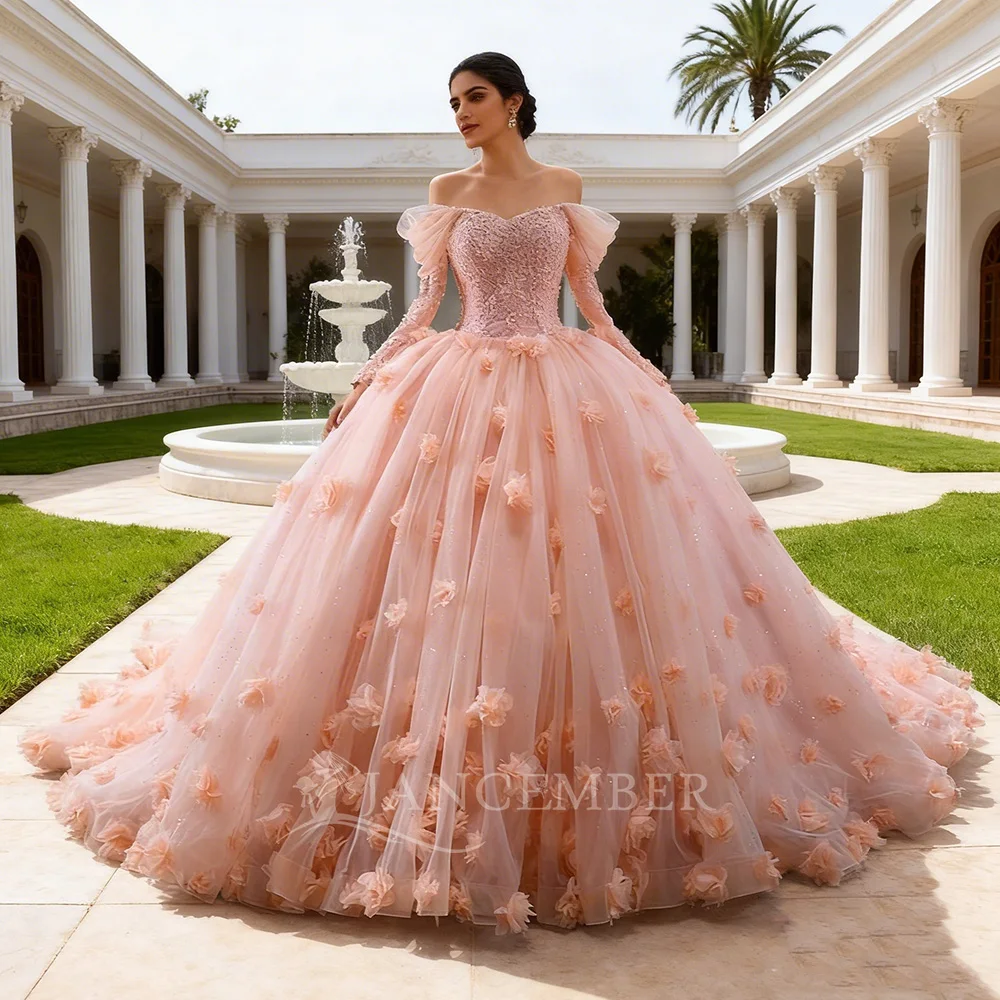 

Gorgeous Luxury Wedding Guest Dress 2026 Ball Gown Off the Shoulder vestidos de 15 año Full Sleeves Sweetheart 3D Flower Lace Up