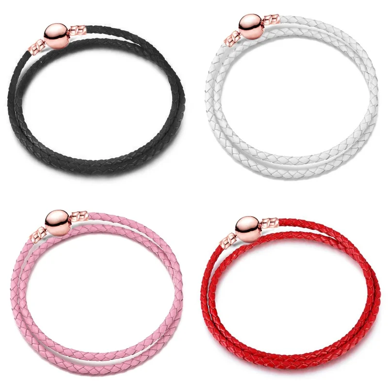 Rose Gold Round Head Buckle Leather Rope Women's Multiple Colors PU Basic Chain Bracelets DIY Fine Jewelry Valentine's Day Gift