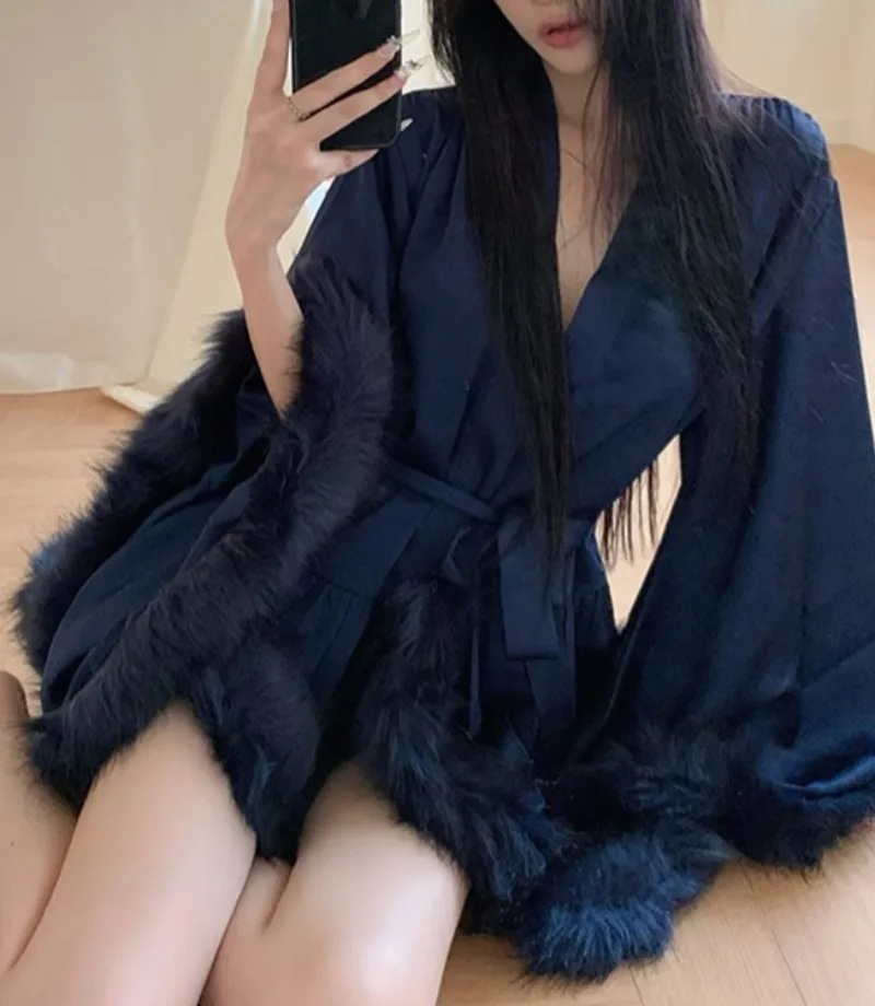 블루 새틴 드레스 여성 레이스업 브이넥 우아한 베스티도스 바디콘 긴 소매 루즈 스트리트웨어 미니 의류 여성용