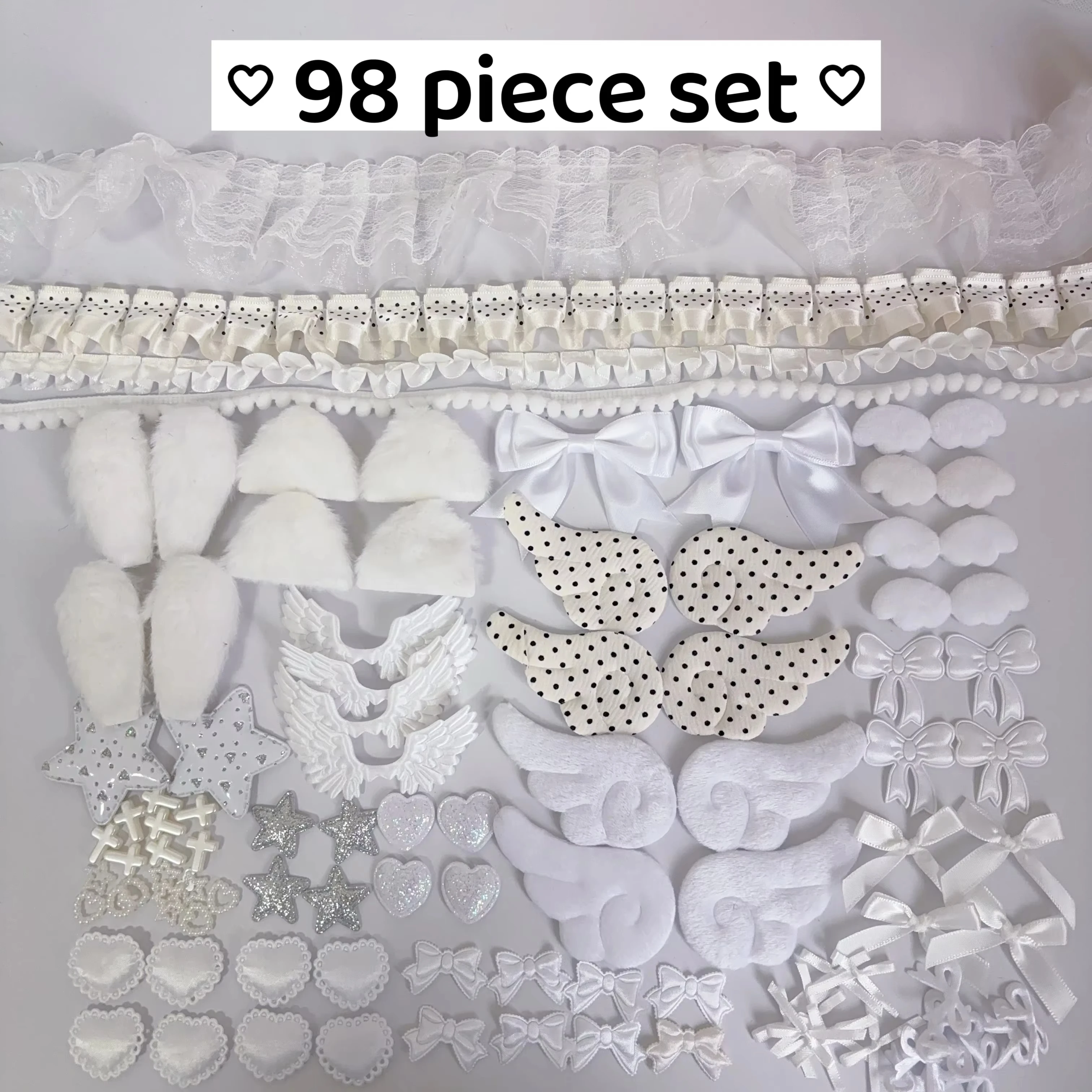 98 PCS Polka Dot Ribbon Accessory Material Kit with Cotton-Filled Wings, Bow, and Plush Accessories, Lace Ribbon Material Kit
