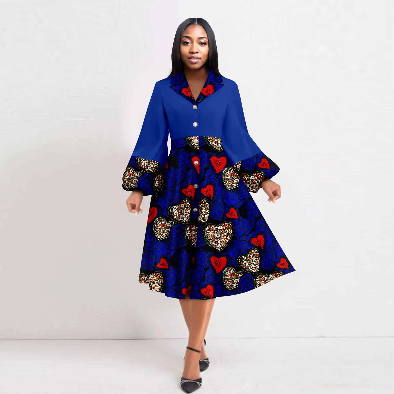 

Afripride Women's Ankara Dress Sexy Lapel Pearl Button Placket Clashing Color Model Dress 2525075