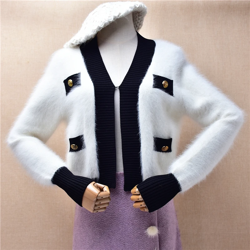 

Women Mujer Autumn Winter Fashion Hairy White Mink Cashmere Knitted Crop Top V-Neck Loose Cardigans Sweater Jacket Coat Pull