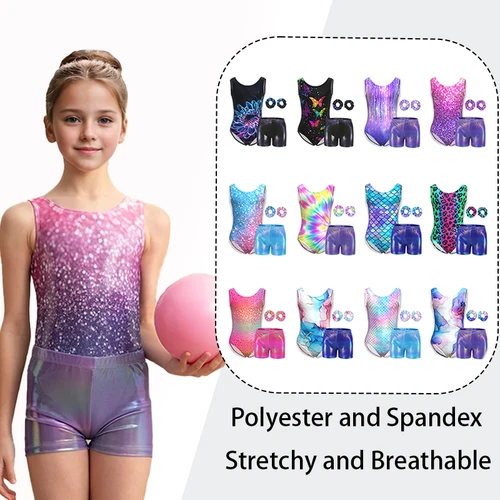 Imagen 1 del producto Leotardos de gimnasia para niñas, ropa de baile sin mangas con pantalones cortos a juego, diadema para niños